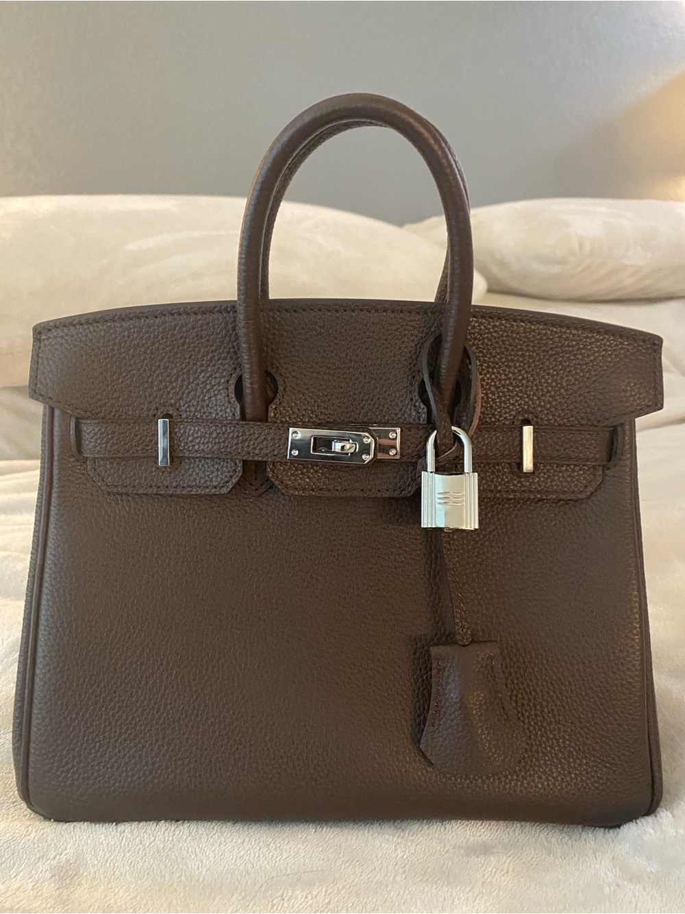 Chocolate Brown Togo Leather top handle Satchel Handbag